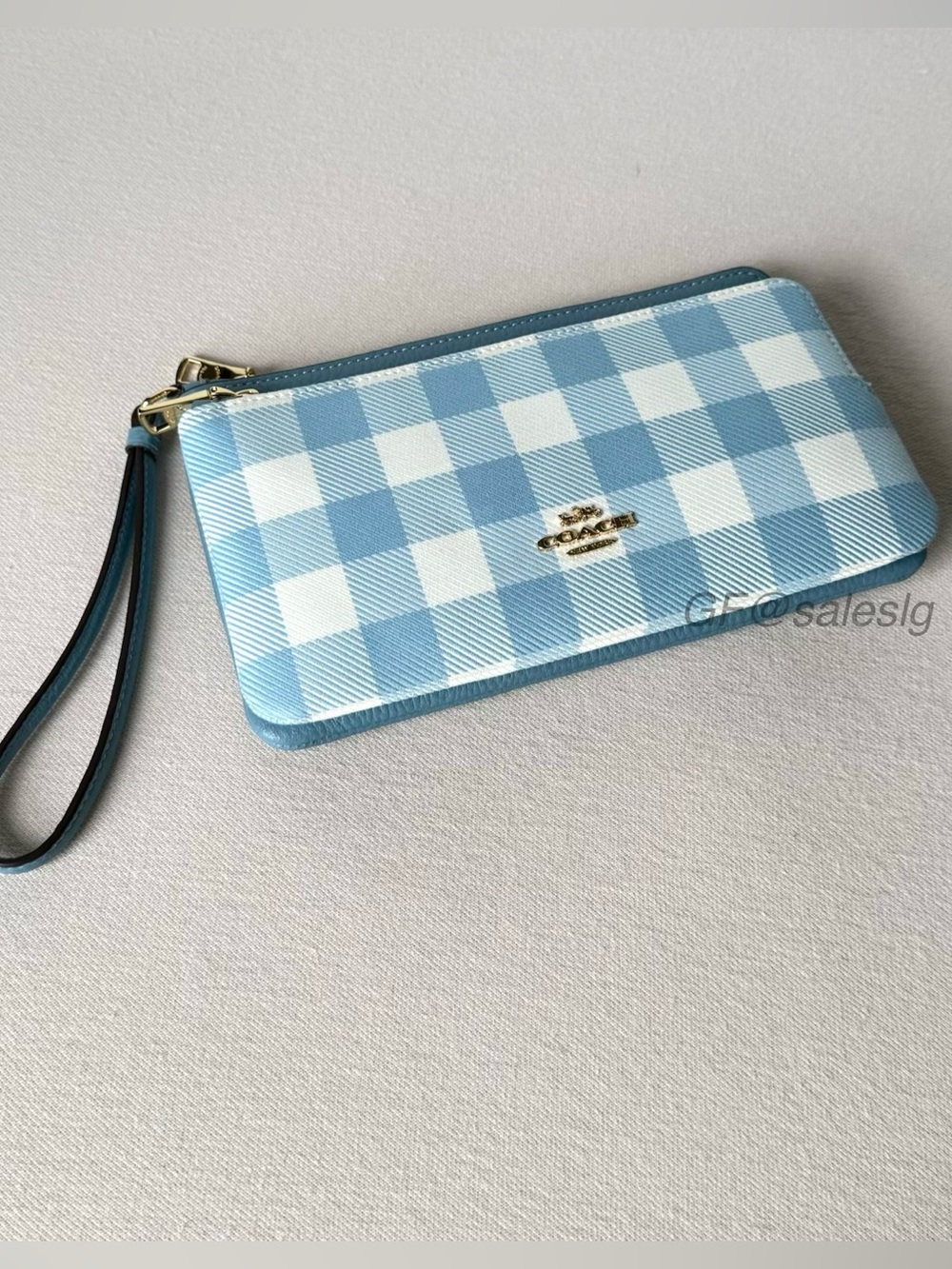 NWT Coach Double Zip Wristlet Wallet With Gingham Print Gold/Blue Multi CEY50